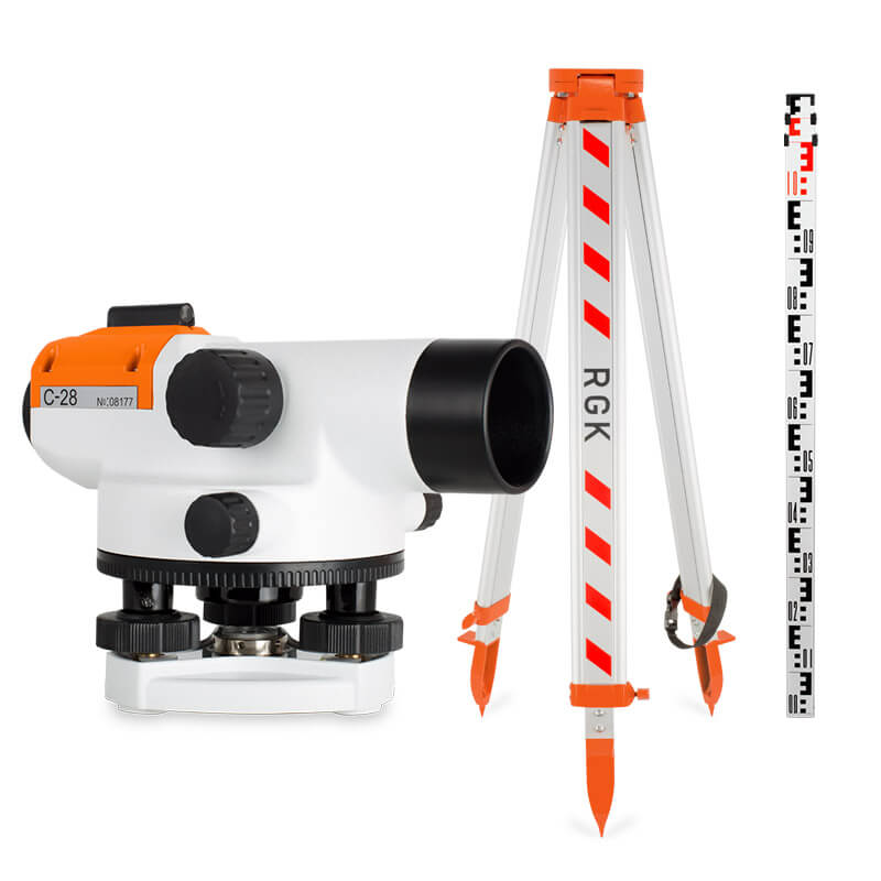 Комплект 3в1: нивелир RGK C-28 + штатив, рейка 5м Комплект 3в1: нивелир RGK C-28 + штатив, рейка 5м